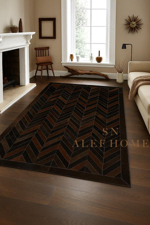Handmade Brown Chevron Cowhide Rug: Hair-On Leather Patchwork Carpet - Alef home