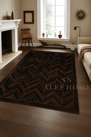 Handmade Brown Chevron Cowhide Rug: Hair-On Leather Patchwork Carpet - Alef home