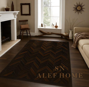 Handmade Brown Chevron Cowhide Rug: Hair-On Leather Patchwork Carpet - Alef home