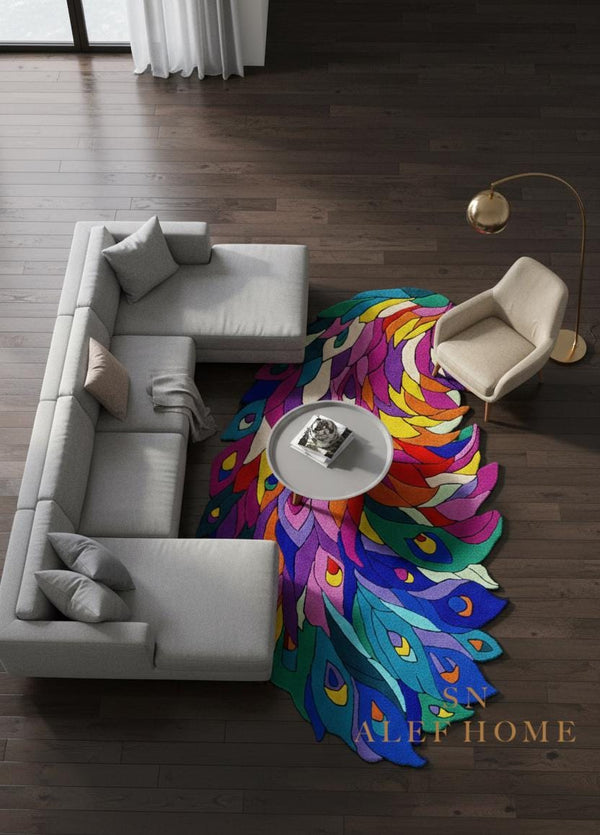 Hand-Tufted Wool Peacock Feather Rug – Colorful Boho Accent Carpet for Living Room Decor - Alef home