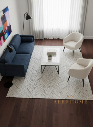 Light Grey Chevron Cowhide Rug – Handmade Hair-On Patchwork Leather Carpet for Modern Home Decor