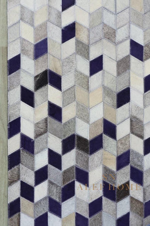 Blue Grey Geometric Cowhide Patchwork  Rug – Handmade Hair-On Leather Carpet for Modern Home - Alef home
