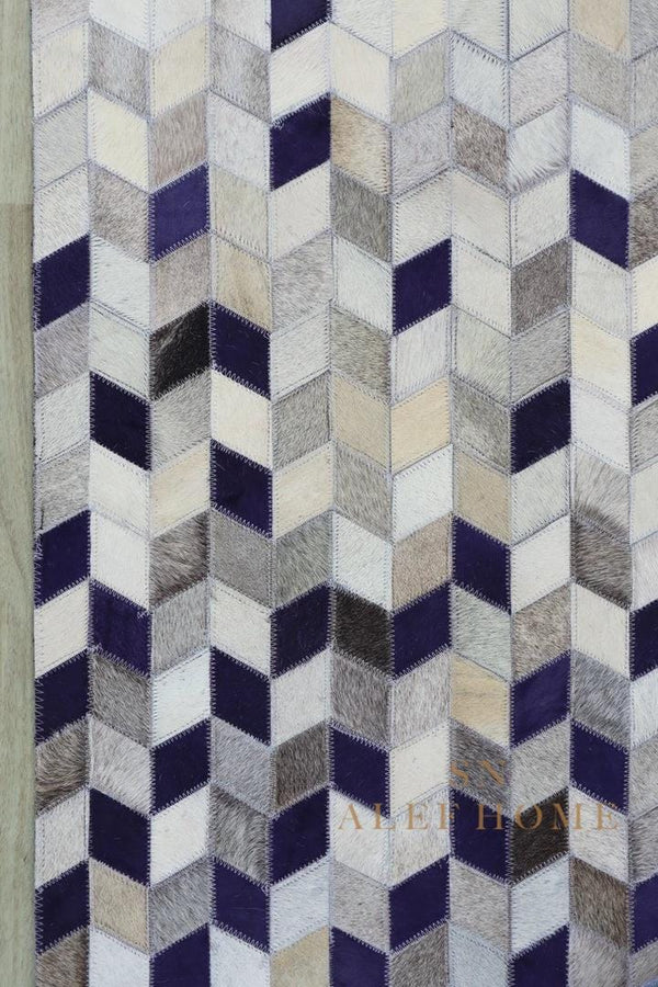 Blue Grey Geometric Cowhide Patchwork  Rug – Handmade Hair-On Leather Carpet for Modern Home - Alef home
