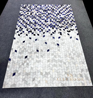 Blue Grey Geometric Cowhide Patchwork  Rug – Handmade Hair-On Leather Carpet for Modern Home - Alef home