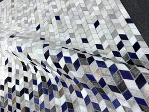 Blue Grey Geometric Cowhide Patchwork  Rug – Handmade Hair-On Leather Carpet for Modern Home - Alef home