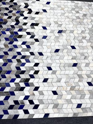 Blue Grey Geometric Cowhide Patchwork  Rug – Handmade Hair-On Leather Carpet for Modern Home - Alef home