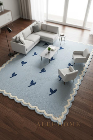 Handmade Pastel Blue Wool Rug – Scalloped Leaf Pattern Carpet for Nursery & Kids Room - Alef home