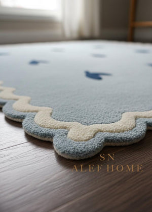 Handmade Pastel Blue Wool Rug – Scalloped Leaf Pattern Carpet for Nursery & Kids Room - Alef home