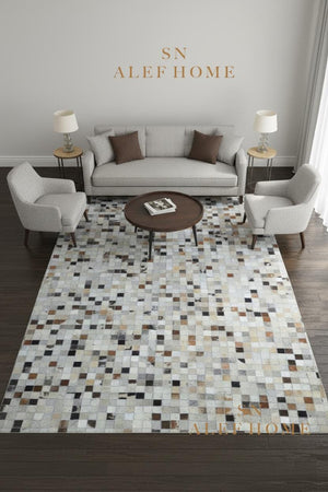 Multi Checkerboard Cowhide Rug – Handmade Hair-On Leather Patchwork Carpet for Modern Home Décor - Alef home