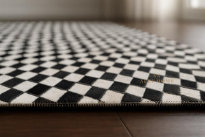 Black and White Cowhide Area Rug – Handmade Modern Checkerboard Patchwork Leather Carpet for Home - Alef home