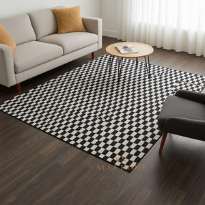 Black and White Cowhide Area Rug – Handmade Modern Checkerboard Patchwork Leather Carpet for Home - Alef home