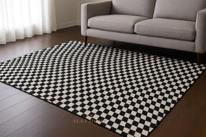 Black and White Cowhide Area Rug – Handmade Modern Checkerboard Patchwork Leather Carpet for Home - Alef home