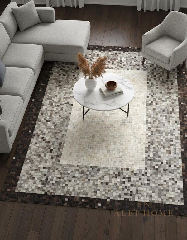 Modern Grey Cowhide Patchwork Rug – Handmade Hair-On Leather Carpet for Living Room - Alef home