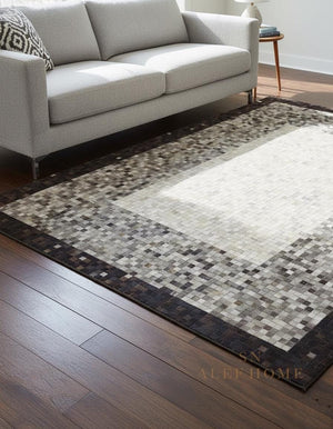 Modern Grey Cowhide Patchwork Rug – Handmade Hair-On Leather Carpet for Living Room - Alef home
