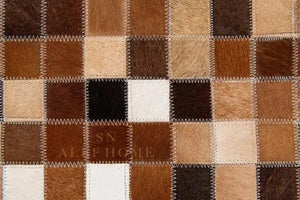 Brown & White Cowhide Patchwork Rug – Handmade Hair-On Leather Carpet for Rustic Home - Alef home