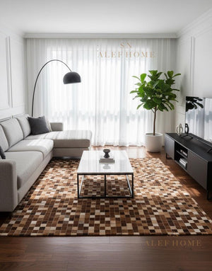 Brown & White Cowhide Patchwork Rug – Handmade Hair-On Leather Carpet for Rustic Home - Alef home