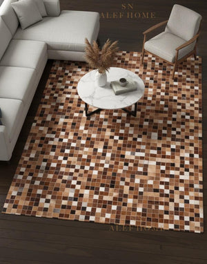 Brown & White Cowhide Patchwork Rug – Handmade Hair-On Leather Carpet for Rustic Home - Alef home