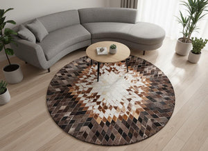 Round Brown Cowhide Patchwork Rug – Handmade Starburst Hair-On Leather Carpet for Modern Home - Alef home
