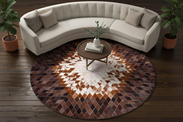 Round Brown Cowhide Patchwork Rug – Handmade Starburst Hair-On Leather Carpet for Modern Home - Alef home