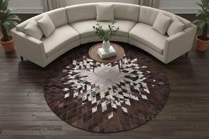 Round Brown Cowhide Patchwork Rug – Handmade Starburst Hair-On Leather Carpet for Home - Alef home