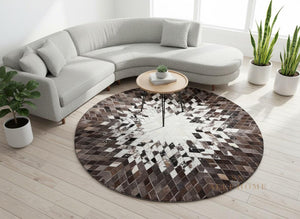 Round Brown Cowhide Patchwork Rug – Handmade Starburst Hair-On Leather Carpet for Home - Alef home