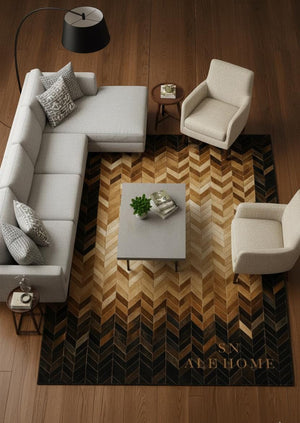 Chevron Cowhide Area Rug: Handmade Brown & Black Patchwork Leather Carpet for Living Room - Alef home