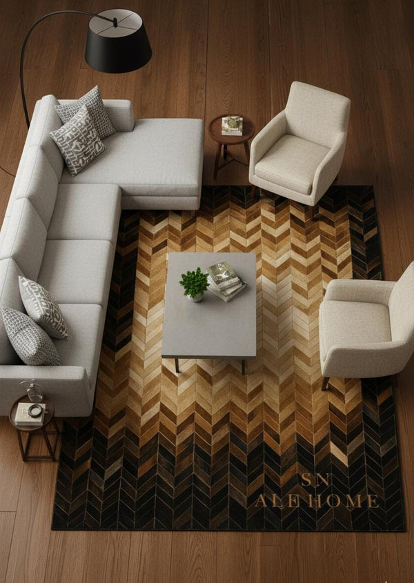 Chevron Cowhide Area Rug: Handmade Brown & Black Patchwork Leather Carpet for Living Room - Alef home
