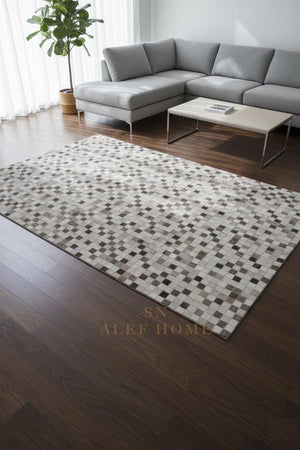 Grey Cowhide Patchwork Rug – Handmade Mosaic Design Hair-On LeatherCarpet for Home Décor - Alef home