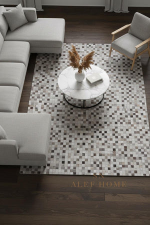 Grey Cowhide Patchwork Rug – Handmade Mosaic Design Hair-On LeatherCarpet for Home Décor - Alef home