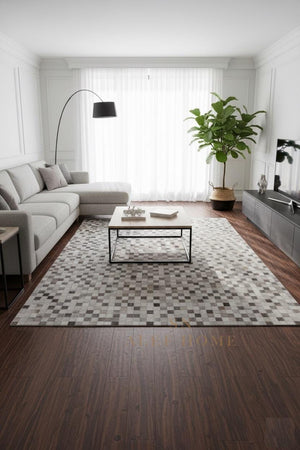 Grey Cowhide Patchwork Rug – Handmade Mosaic Design Hair-On LeatherCarpet for Home Décor - Alef home