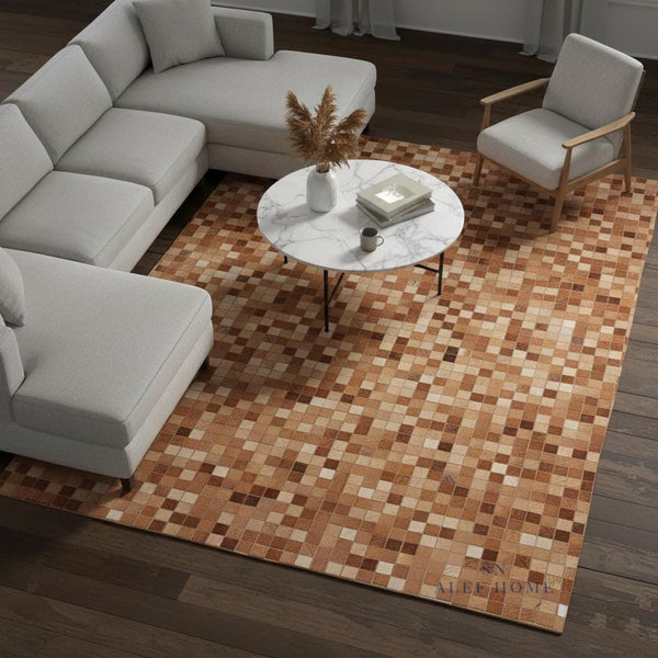 Tan Brown Cowhide Patchwork Rug – Handmade Hair-On Leather Mosaic Carpet for Rustic Home - Alef home