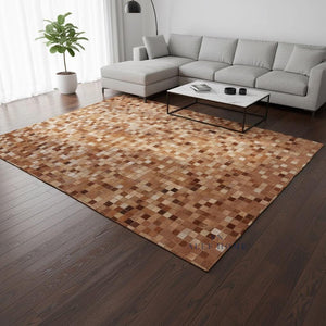 Tan Brown Cowhide Patchwork Rug – Handmade Hair-On Leather Mosaic Carpet for Rustic Home - Alef home