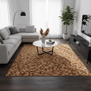 Tan Brown Cowhide Patchwork Rug – Handmade Hair-On Leather Mosaic Carpet for Rustic Home - Alef home