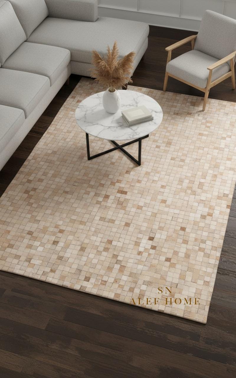 Beige Cowhide Patchwork Rug – Handmade Hair-On Leather Mosaic Carpet for Modern Home - Alef home