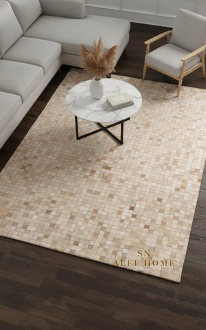 Beige Cowhide Patchwork Rug – Handmade Hair-On Leather Mosaic Carpet for Modern Home - Alef home