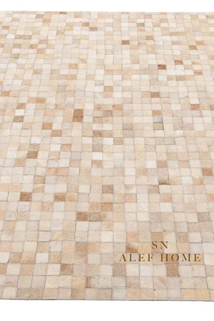 Beige Cowhide Patchwork Rug – Handmade Hair-On Leather Mosaic Carpet for Modern Home - Alef home