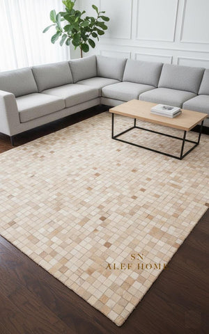 Beige Cowhide Patchwork Rug – Handmade Hair-On Leather Mosaic Carpet for Modern Home - Alef home