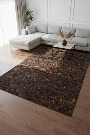 Dark Brown Cowhide Patchwork Rug – Handmade Mosaic Design Hair-On Leather  Carpet - Alef home