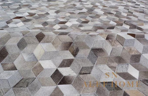Modern Grey Cowhide Area Rug – 3D Cube Patchwork Hairon Leather Carpet - Alef home