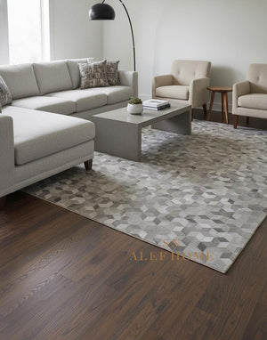 Modern Grey Cowhide Area Rug – 3D Cube Patchwork Hairon Leather Carpet - Alef home