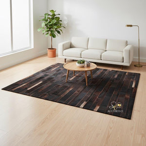Dark Brown Striped Cowhide Patchwork Rug – Handmade Hair-On Leather Carpet for Home Décor - Alef home