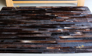 Dark Brown Striped Cowhide Patchwork Rug – Handmade Hair-On Leather Carpet for Home Décor - Alef home