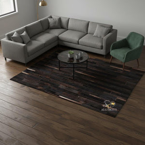 Dark Brown Striped Cowhide Patchwork Rug – Handmade Hair-On Leather Carpet for Home Décor - Alef home