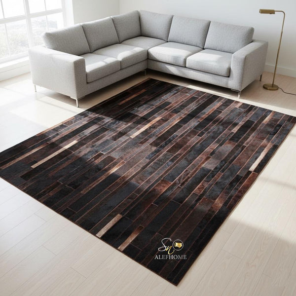 Dark Brown Striped Cowhide Patchwork Rug – Handmade Hair-On Leather Carpet for Home Décor - Alef home