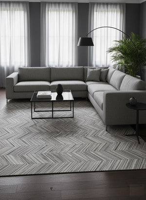 Grey Chevron Cowhide Patchwork Rug – Handmade Hair-On Leather Carpet for Home Décor - Alef home