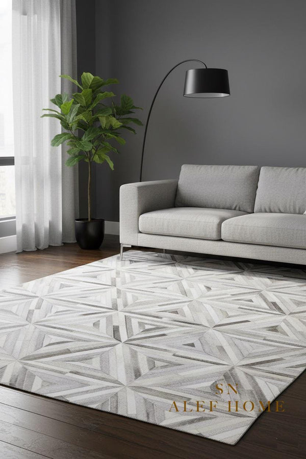 Grey Cowhide Starburst Rug – Handmade Hair-On Leather Patchwork Carpet for Modern Home Décor - Alef home