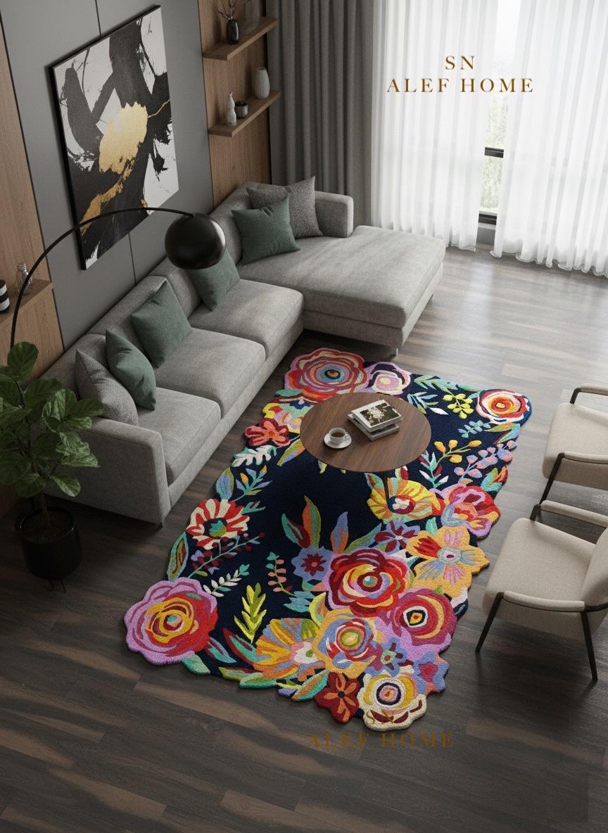 Hand-Tufted Navy Blue Wool Rug – Floral Carpet with Scalloped Edge for Elegant Home - Alef home