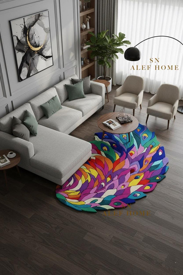 Peacock Feather Wool Area Rug – Hand-Tufted Colorful Boho Artistic Carpet for Home Décor - Alef home