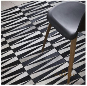 Black & White Cowhide Patchwork Rug – Geometric Luxury Hair-On Leather Carpet - Alef home