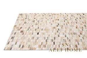 Beige Cowhide Patchwork Rug – Modern Geometric Hair-On Leather Carpet for Home - Alef home